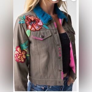 NATURAL LIFE Floral Embroidered Jean Jacket with Blue and Pink Accents